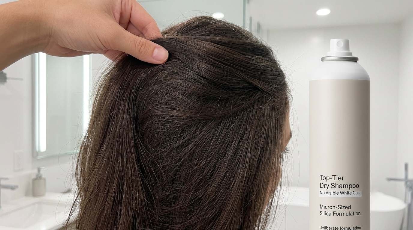 Evaluating Dry Shampoo Performance A cosmetic scientist evaluating the texture of hair after applying a dry shampoo sample