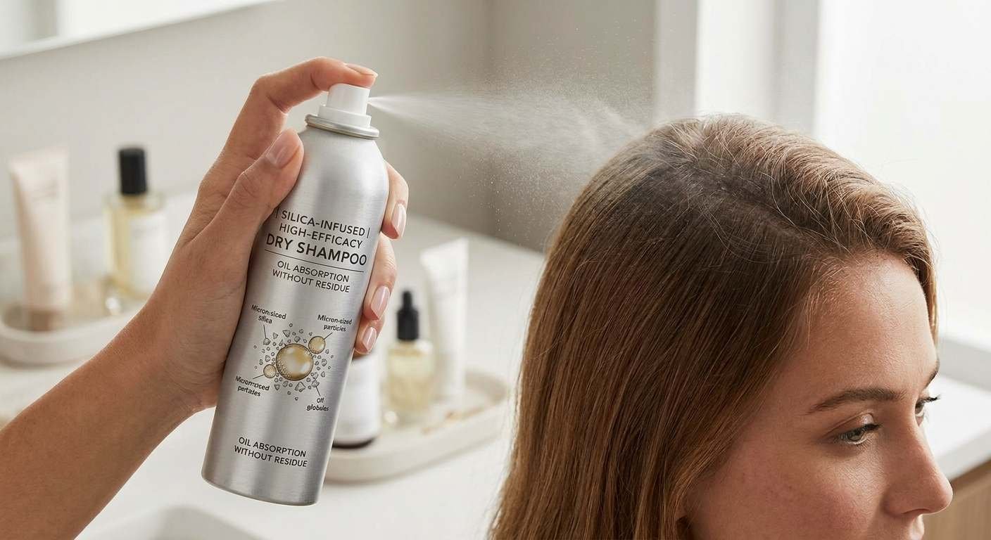 Testing Dry Shampoo Formulations A high-quality dry shampoo spray being tested on a hair swatch in a cosmetic lab