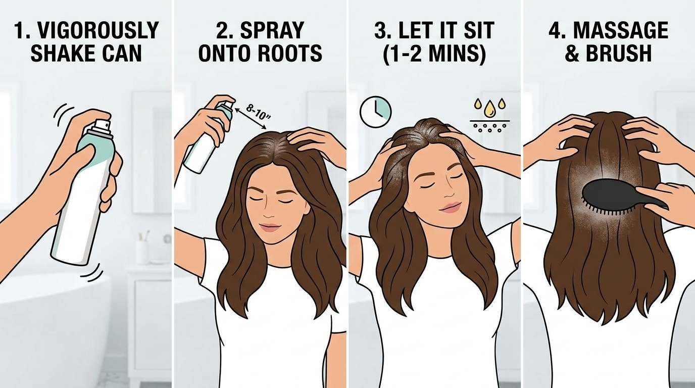 How to Use Dry Shampoo An infographic illustrating the three steps for applying dry shampoo: shake, spray, and massage/brush