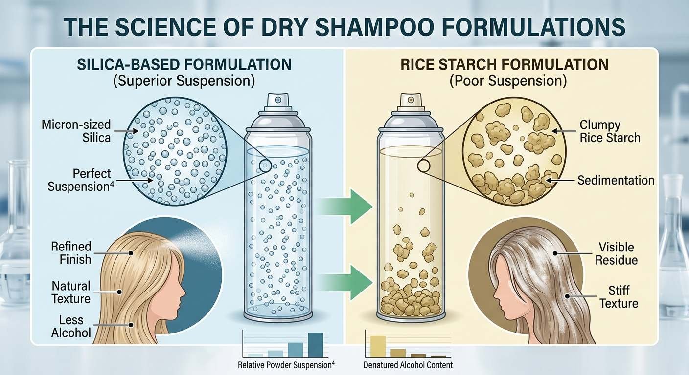 Rice Starch vs. Silica Particles Microscopic comparison of jagged rice starch particles versus smooth, spherical silica particles for dry shampoo